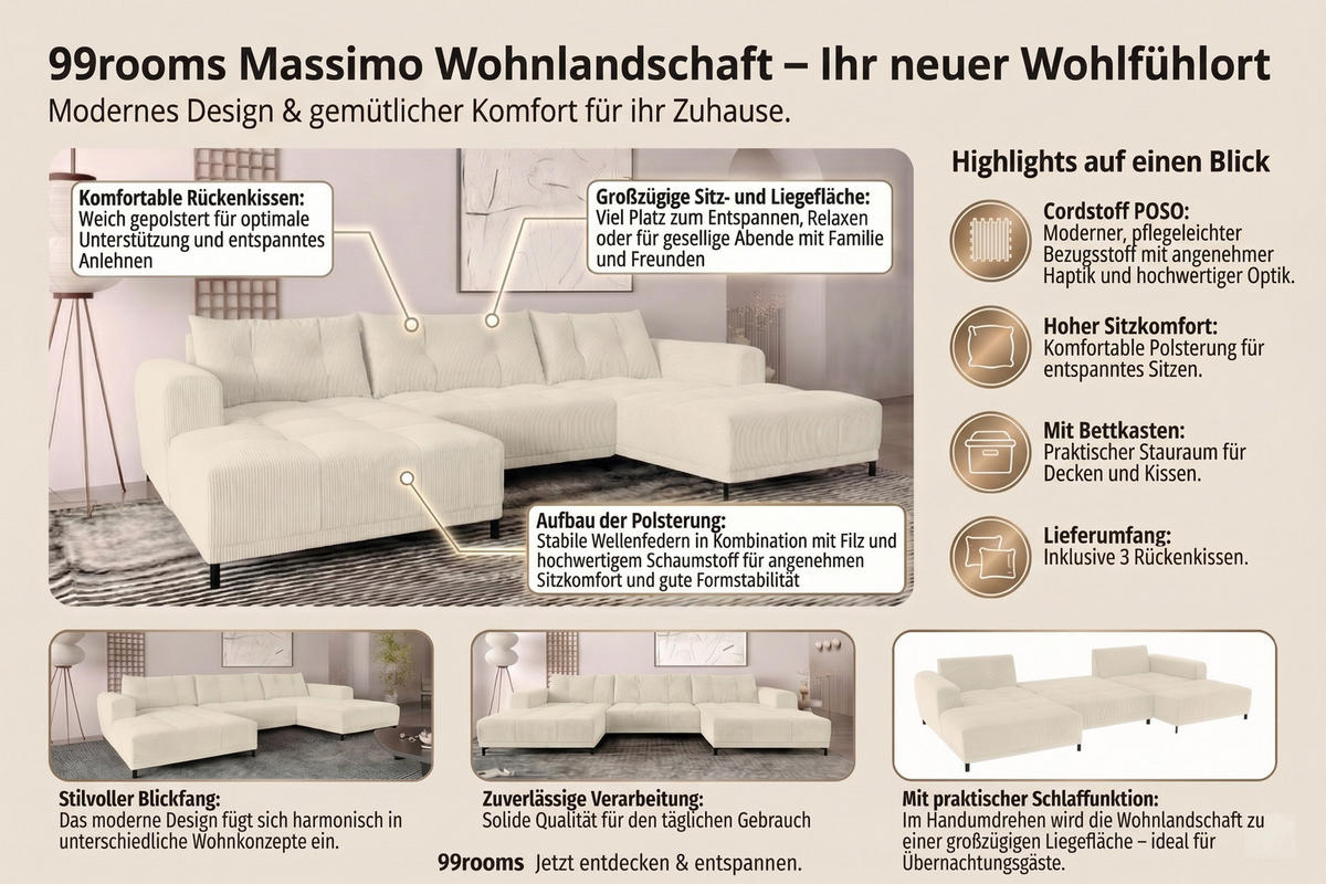 WOHNLANDSCHAFT Massimo Cordstoff Blau inkl. Schlaffunktion - Blau/Schwarz, Textil/Metall (356/94/181cm) - 99rooms