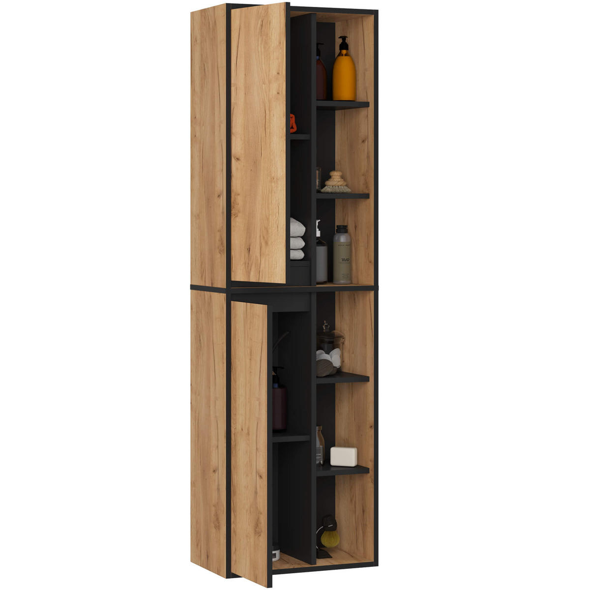 BAD HOCHSCHRANK Vami Craft-Eichenfarben, Schwarz - Eichefarben/Schwarz, Holzwerkstoff (50/170/30cm) - Akord