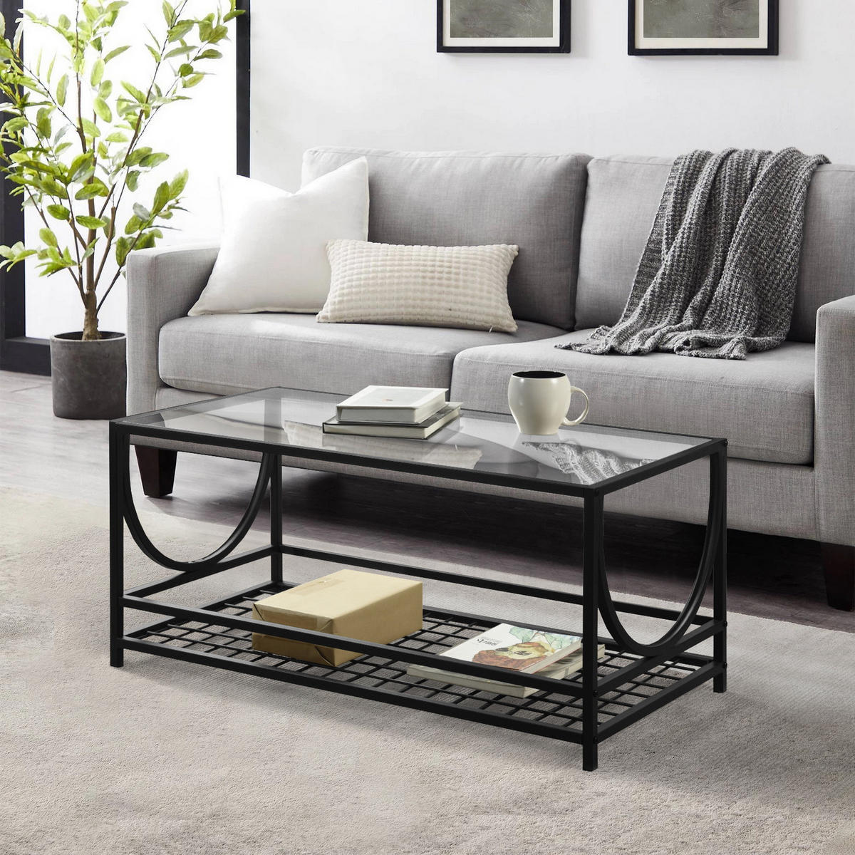 COUCHTISCH rechteckig Glas Schwarz - Weiß, Glas/Metall (90/45/42cm) - Urban Meuble