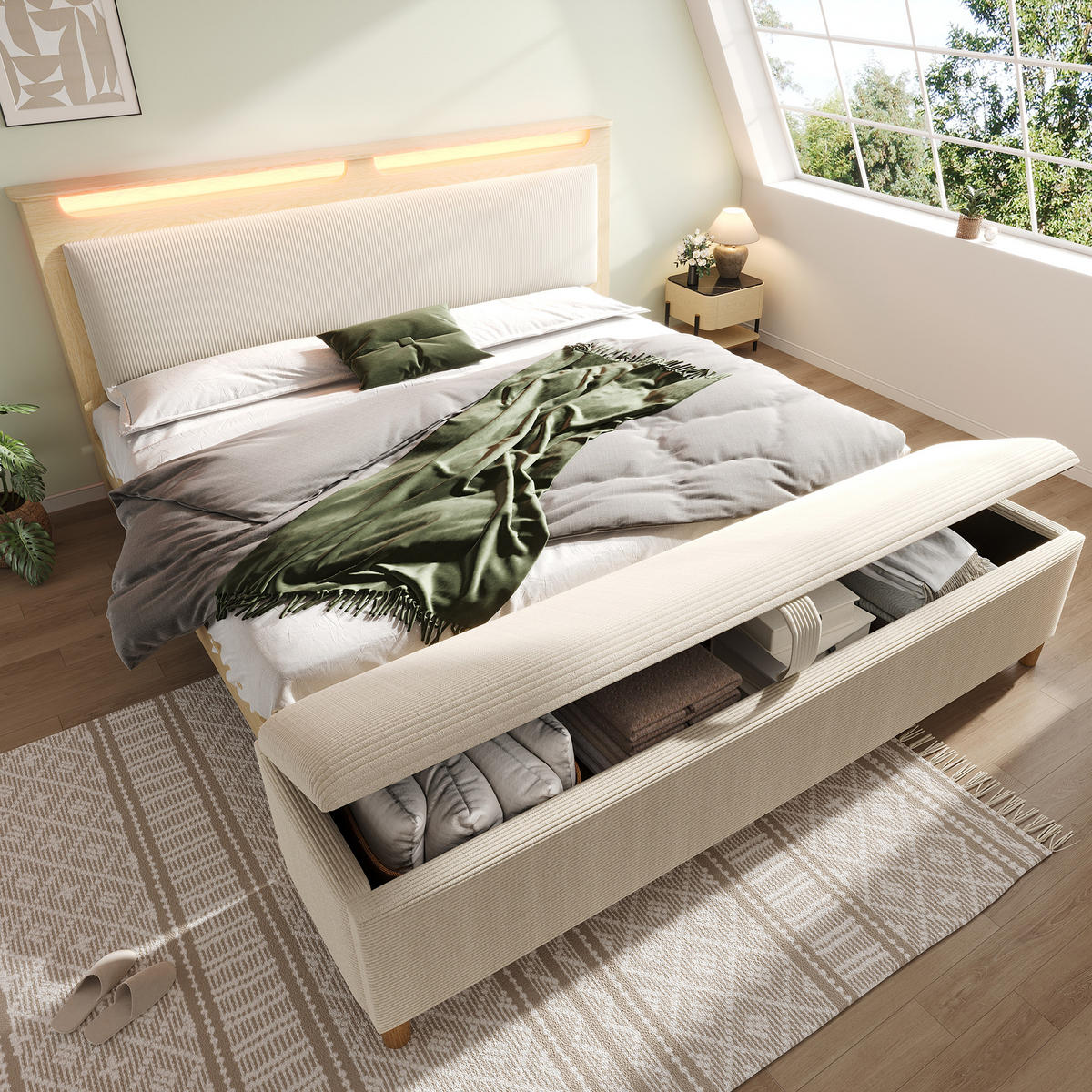 POLSTERBETT aus Cordstoff 140x200 cm in Beige mit LED & Matratze - Beige, Textil (140/200cm) - Modfu