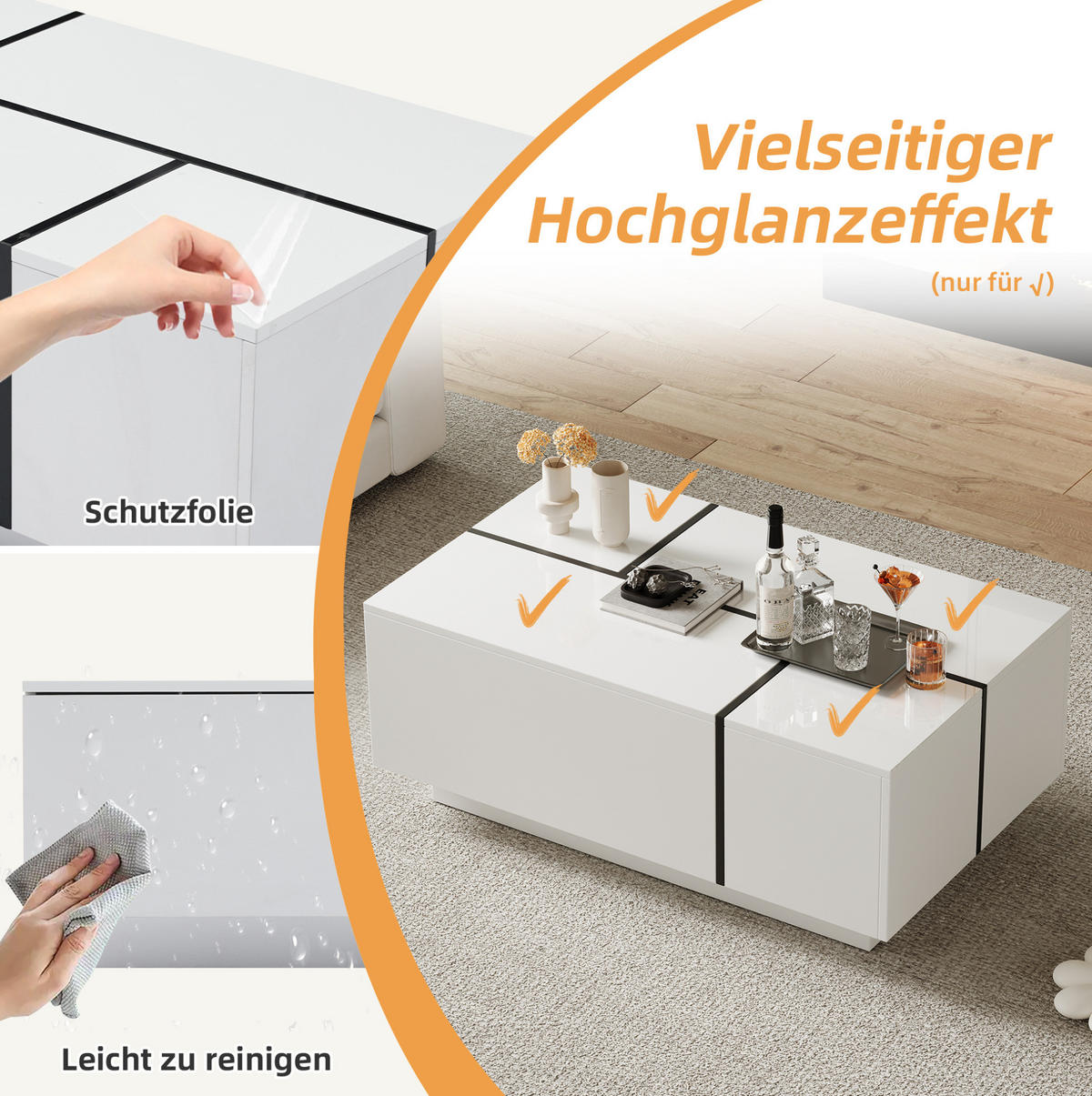 COUCHTISCH 100/60 cm in Weiß mit 4 Schubladen und Hochglanzoberfläche - Schwarz, Holzwerkstoff (100/60/40cm) - Flora Grace