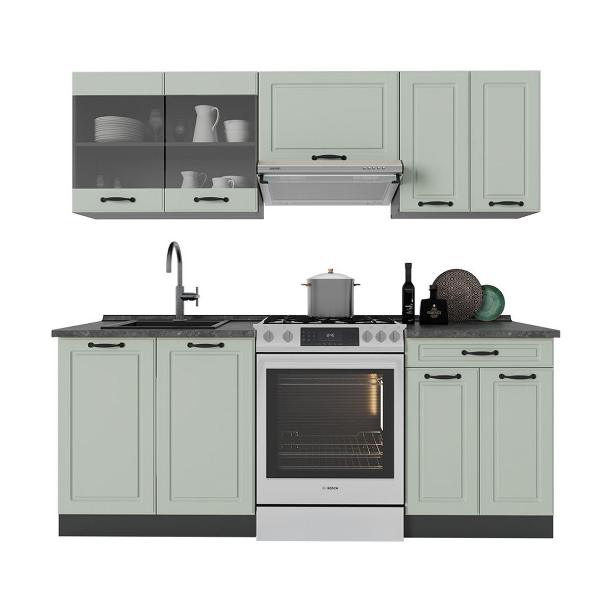 KÜCHENZEILE R-Line, Mint Landhaus/Anthrazit, 200 cm Arbeitsplatte Goldkraft Eiche - Anthrazit/Grün, Holzwerkstoff (200/81.6/60cm) - Vicco