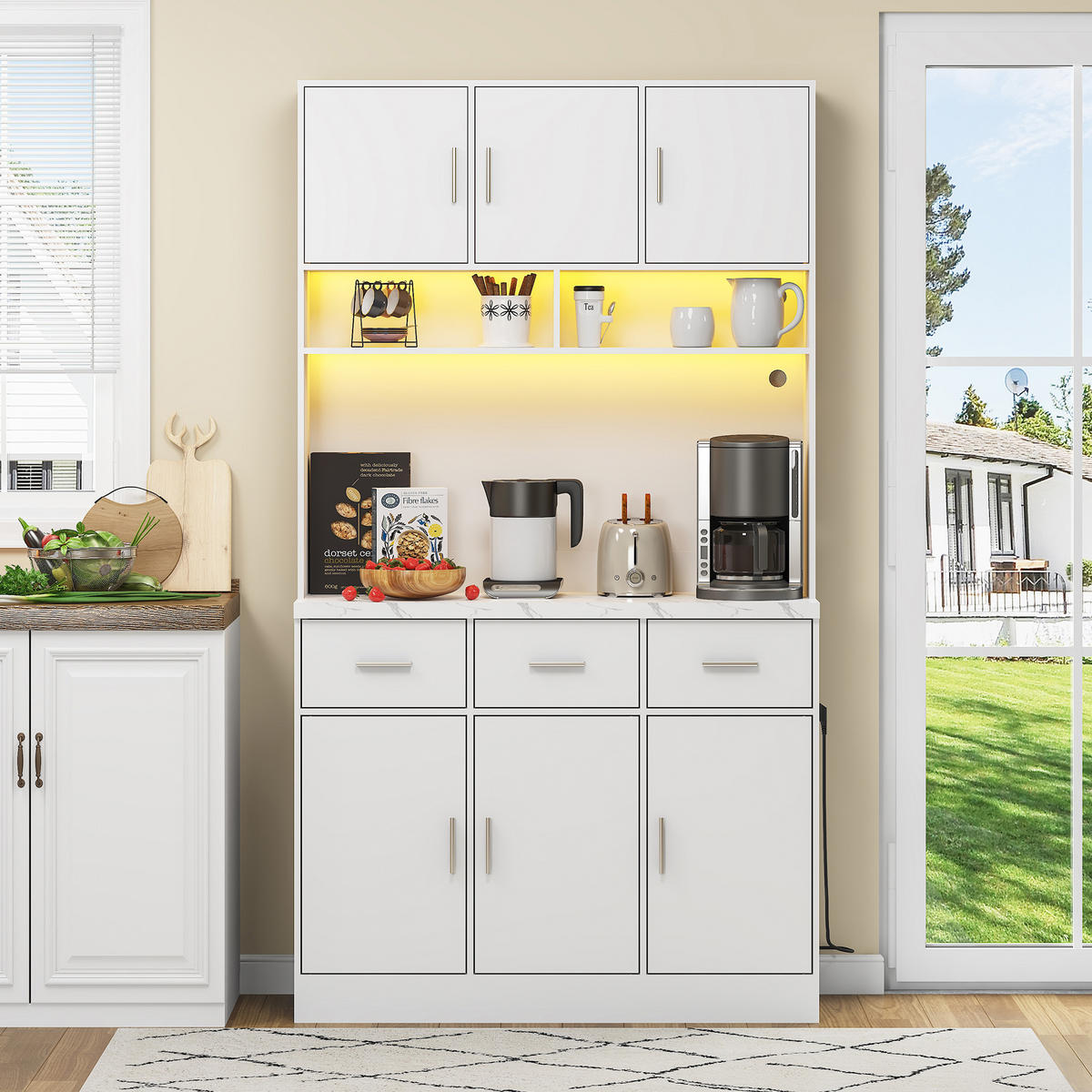 HIGHBOARD Weiß mit LED-Beleuchtung und Steckdosen - Weiß, Holzwerkstoff/Metall (100/180/40cm) - Urban Meuble
