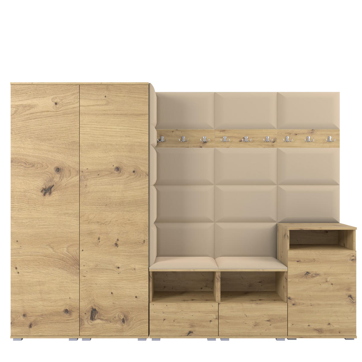 GARDEROBE NELA VIII 250 cm (Modulare Flurmöbel Artisan Eiche mit Sitzpolster Beige 04 2 Schränke + Sideboard) - Beige/Silberfarben, Holz/Holzwerkstoff (250/187/40cm) - Ravio