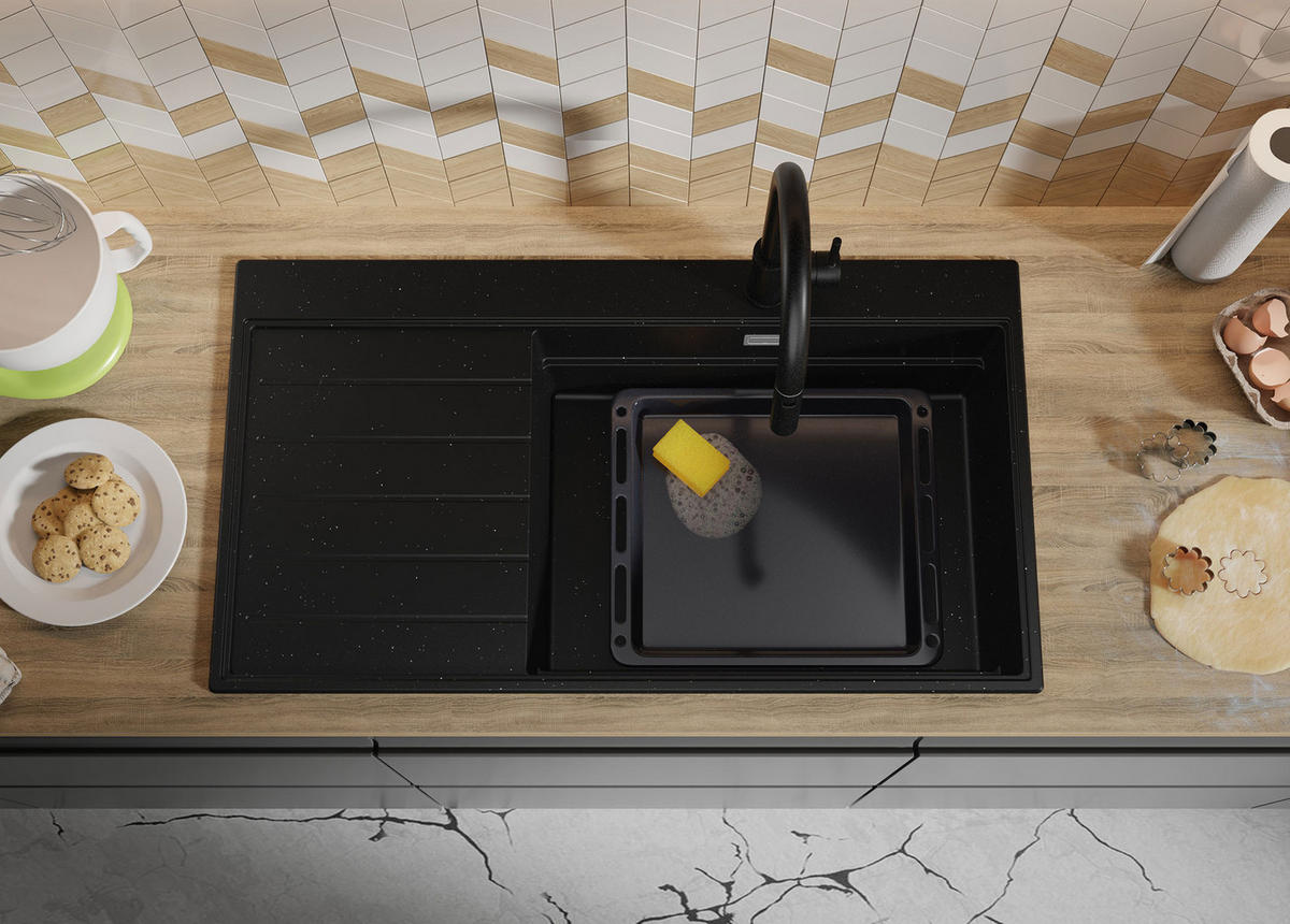 SPÜLBECKEN Sydney, 2-er set Schwarz Metallic 90/50 cm 1 Becken + Ablauf-Set + Küchenzubehörset ab 60er Unterschrank - Chromfarben/Schwarz Hochglanz, Kunststoff (90/20/50cm) - Primagran