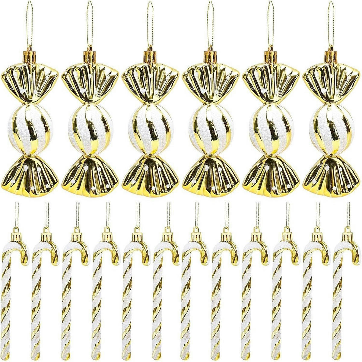 WEIHNACHTSANHÄNGER 18-teiliges Set Zuckerstangen & Kugeln Gold-Weiß - Goldfarben, Kunststoff (5/3/14cm)