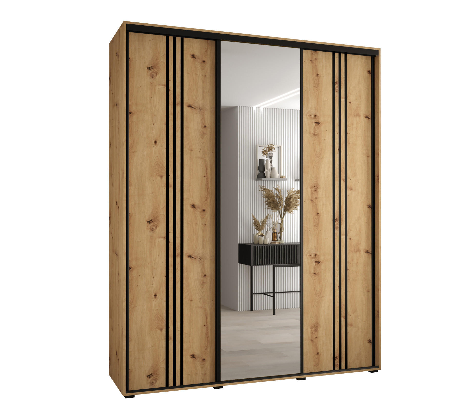 Abiks Möbel SCHWEBETÜRENSCHRANK Eiche Artisan, Eiche Artisan, Schwarz 190cm × 45cm × 235cm