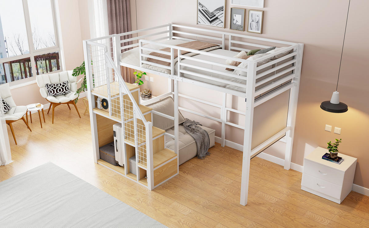 HOCHBETT 90x200 cm Metall Leiter Ablage weiß - Weiß, Metall (90/200cm) - LEBENLANG