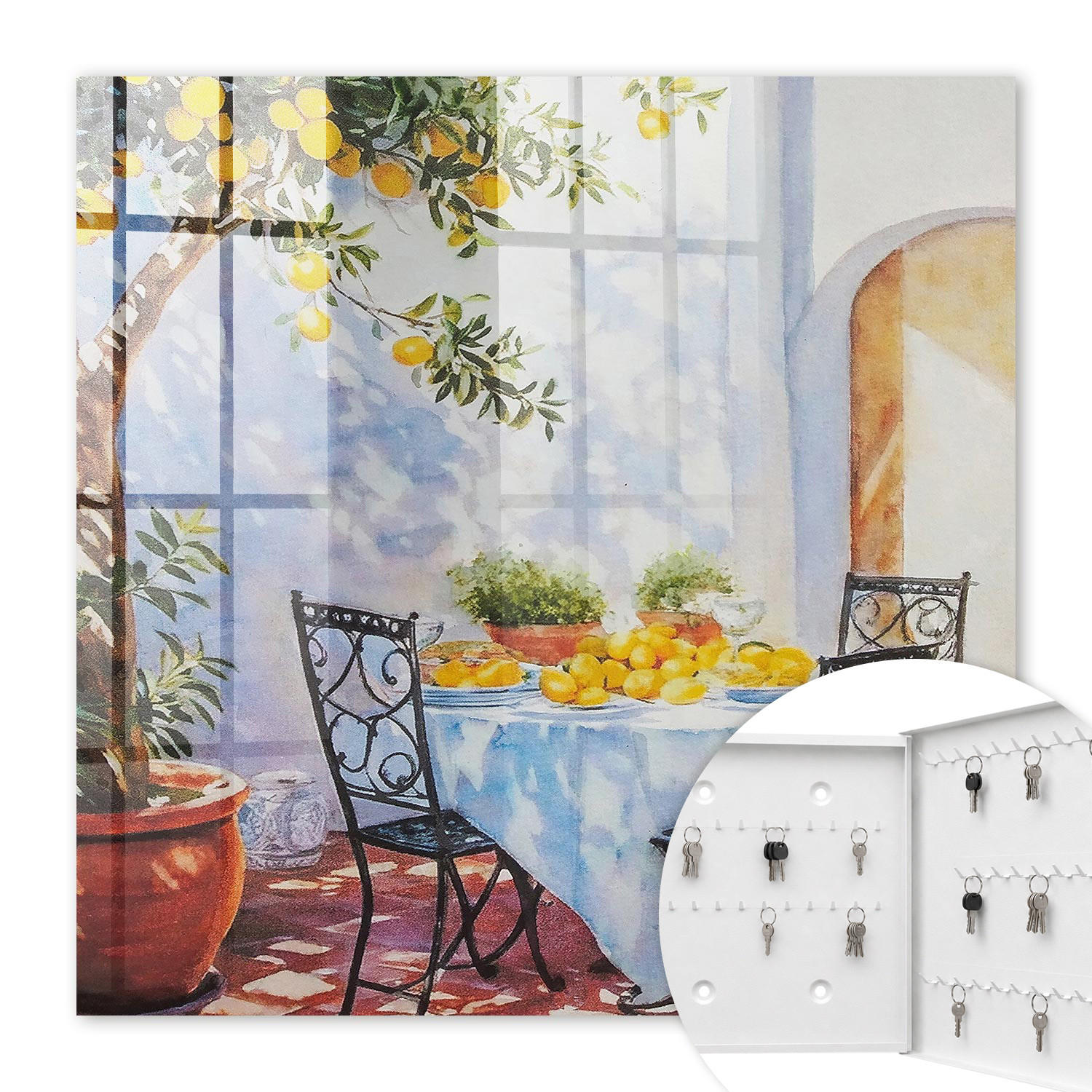 SCHLÜSSELBOX Weiß 30x30 cm – Türöffnung nach rechts - Zitronengarten - Blau, Metall (30/30/5cm) - TULUP