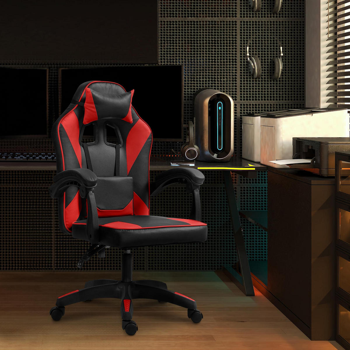 DREHSTUHL Kunststoff Schwarz/Rot - Rot/Schwarz, Kunststoff/Textil (60/111/59cm) - CLP