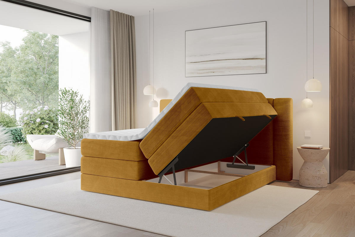 BOXSPRINGBETT mit Matratze H3/H4 - EVON KING - 140x200 cm Senfgelb - Dunkelgelb, Holzwerkstoff (140/200cm) - ALTDECOR