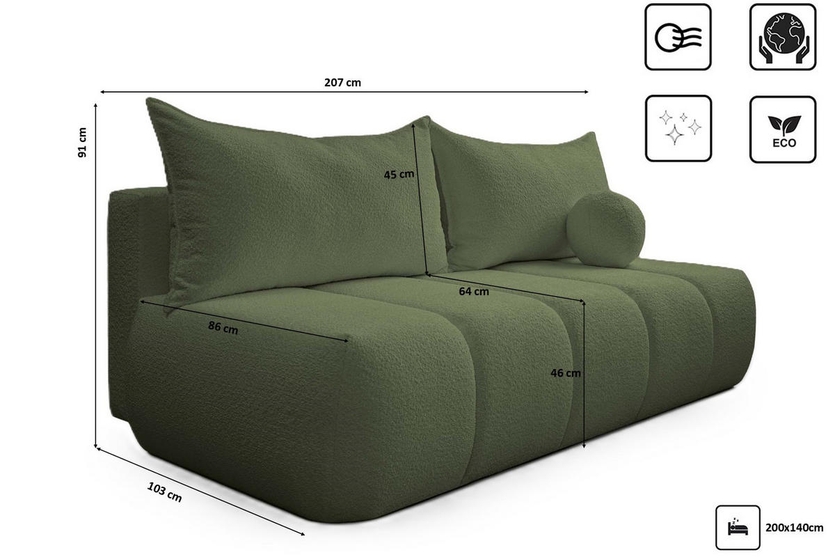 SCHLAFSOFA PIANO Olive - Olivgrün, Holz (207/91/103cm) - Kaiser Möbel