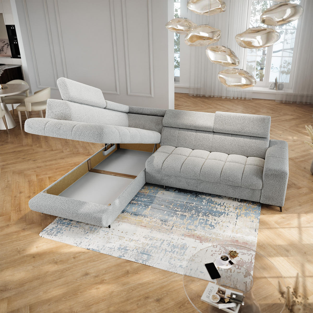 ECKSOFA MORIVA Q L-S Hellgrau Boucle-Stoff mit Schlaffunktion - Hellgrau, Holzwerkstoff/Textil (253/190cm) - MASSENO