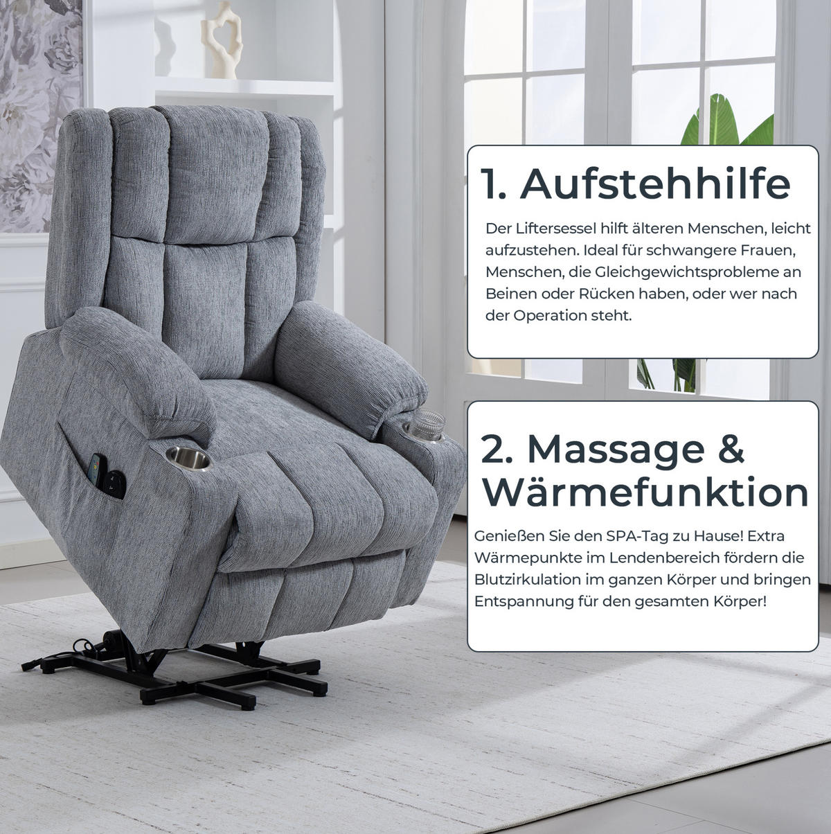 ELEKTRISCHER Relaxsessel Samt mit Aufstehhilfe, Massage, Wärme 91/84/106 cm Hellgrau - Hellgrau, Textil (84/106/91cm) - Redom