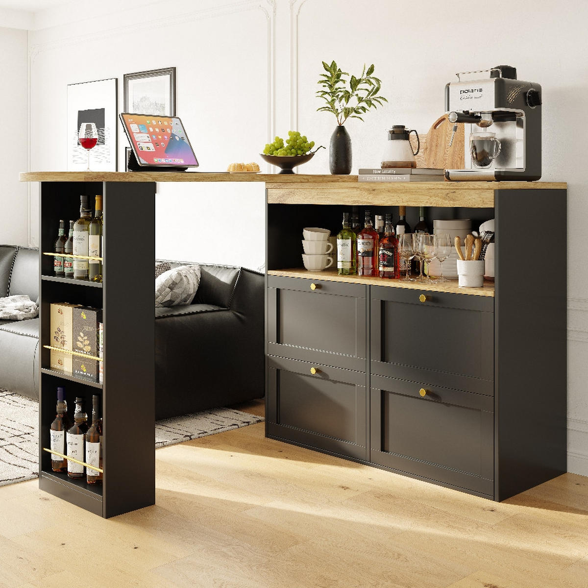 KÜCHENINSEL Bartisch drehbar, mit 4 Schubladen und offenen Ablagen, MDF Schwarz, Esszimmer, 105/39/102 cm - Schwarz, Kunststoff (39/102/105cm) - Rolipo