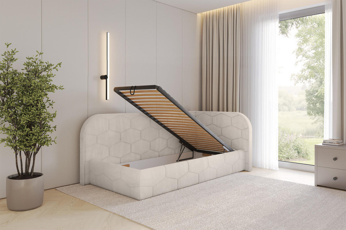 EINZELLBETT Jugendbett mit Bettkasten und Matratze H3/H4, Links - JAXY 90x200 Beige - Ecru, Holzwerkstoff/Textil (90/200cm) - ALTDECOR