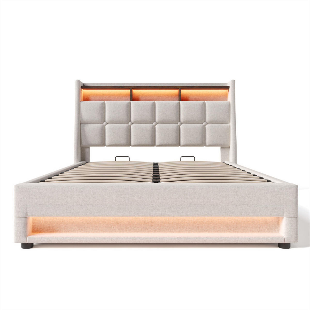 POLSTERBETT 140/200 cm in Linen mit USB - Beige, Holz/Textil (140/200cm) - KOMHTOM