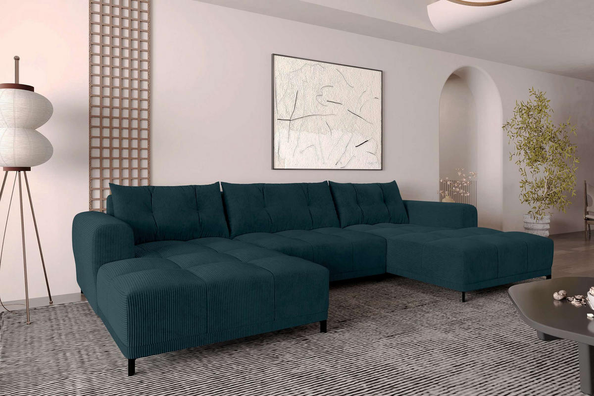 WOHNLANDSCHAFT Massimo Cordstoff Blau inkl. Schlaffunktion - Blau/Schwarz, Textil/Metall (356/94/181cm) - 99rooms