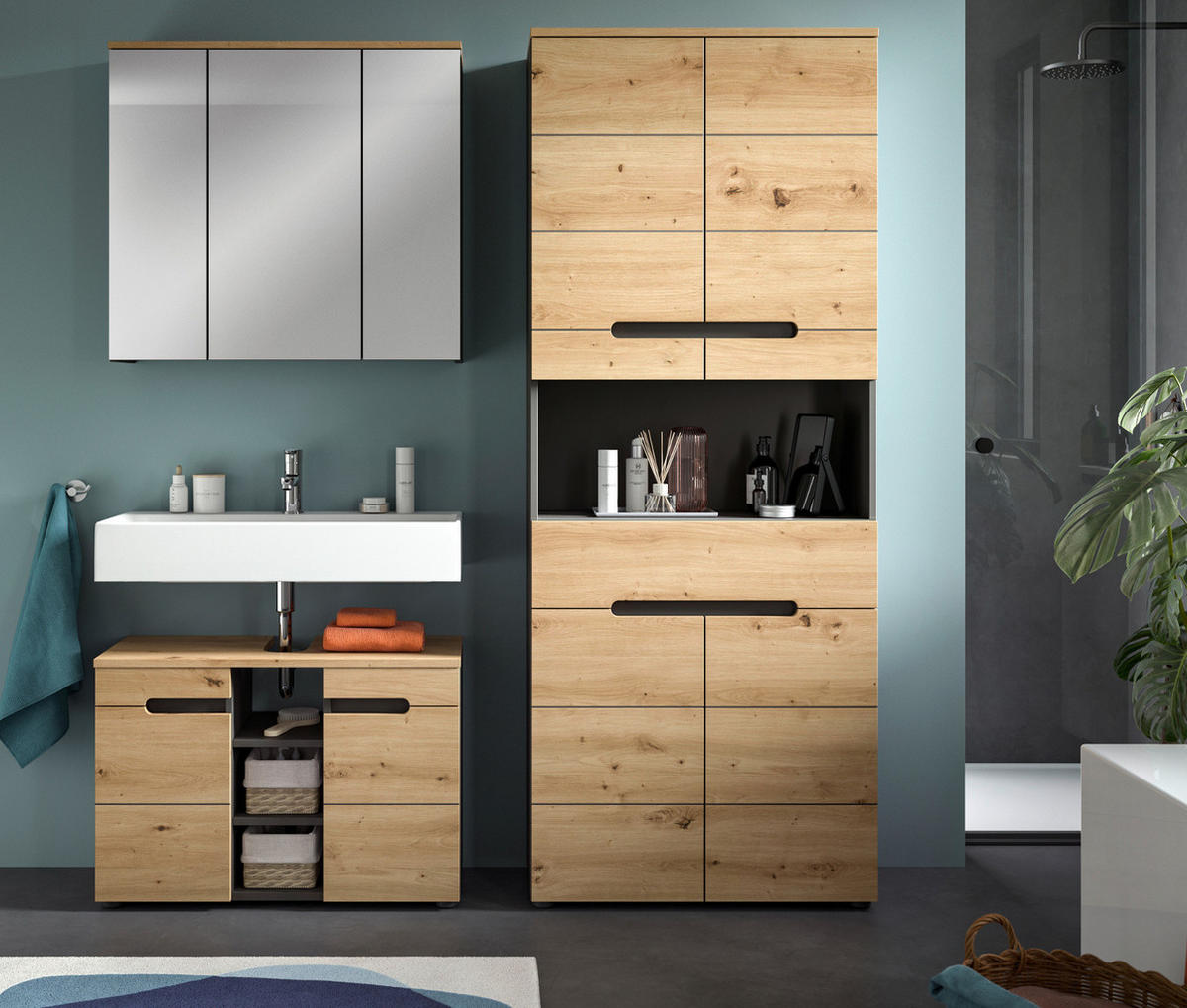 BADMÖBEL-SET Eiche, grau 3-teilig 171 cm, Komplettset mit Soft-Close - Schwarz/Eiche Artisan, Glas/Holzwerkstoff (171/193/34cm) - Inn.Furn