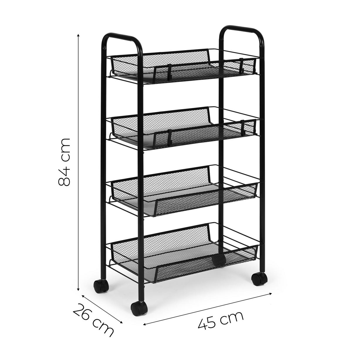 ROLLWAGEN Metall, 4 Ablagekörbe, 84 cm, Schwarz, mit Haken - Schwarz, Metall (45/84/26cm) - Mat-Haus