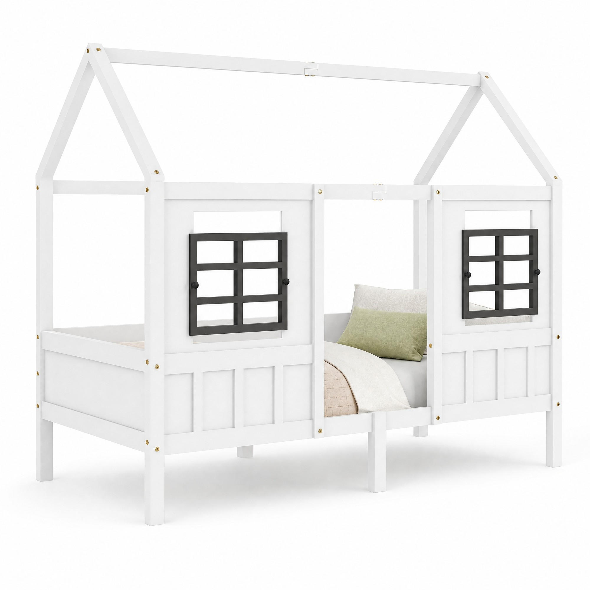 HAUSBETT 90/200 mit Fenstern, Schutzbügeln und Hausform in Weiß - Weiß, Holzwerkstoff (90/200cm) - EVRYAE