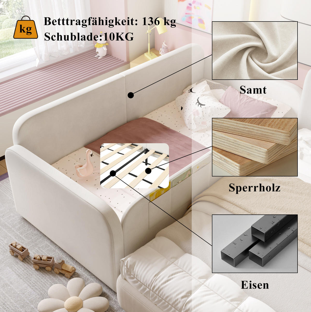 KINDERBETT 90/200 cm aus Samt mit 2 Schubladen, 3 Taschen und Metall-Lattenrost, Weiß - Weiß, Textil (90/200cm) - Redom