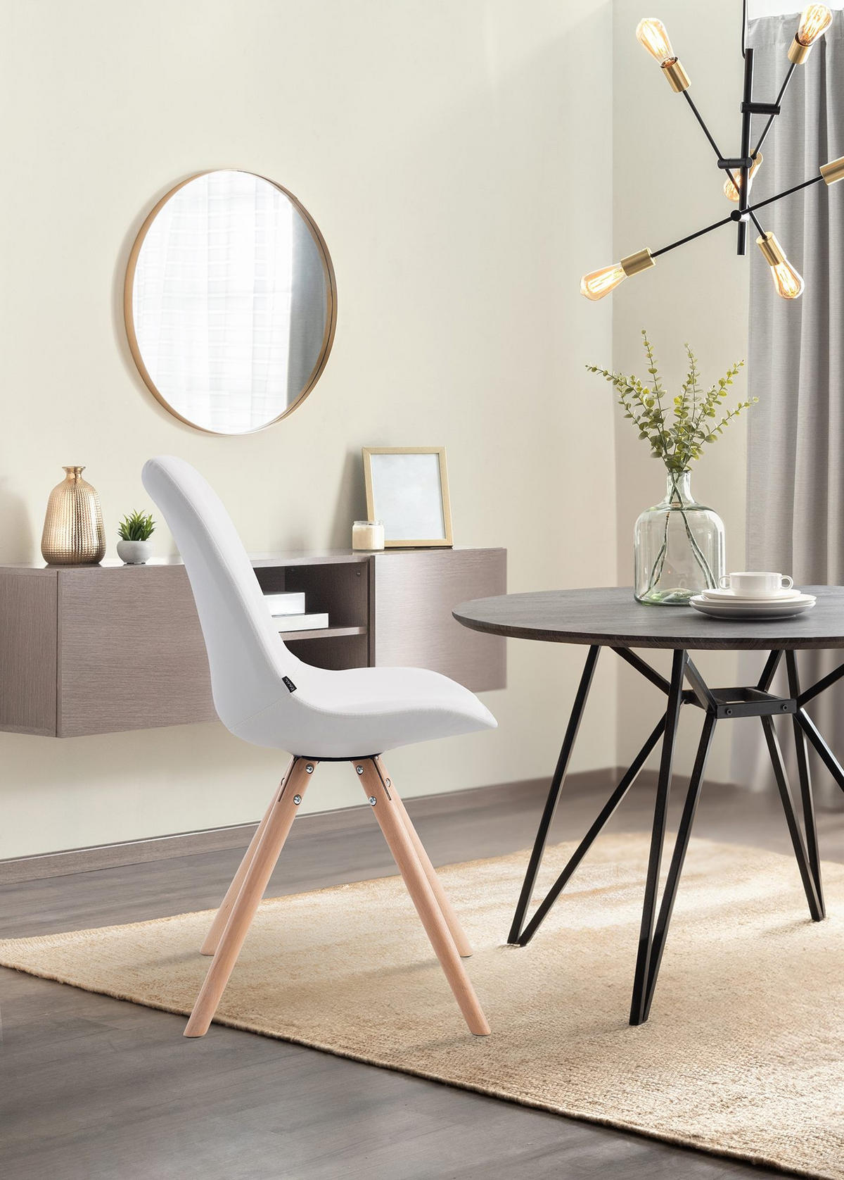 STUHL Lederlook weiß - Eukalyptusholzfarben/Weiß, Holz/Textil (48/84/56cm) - CLP