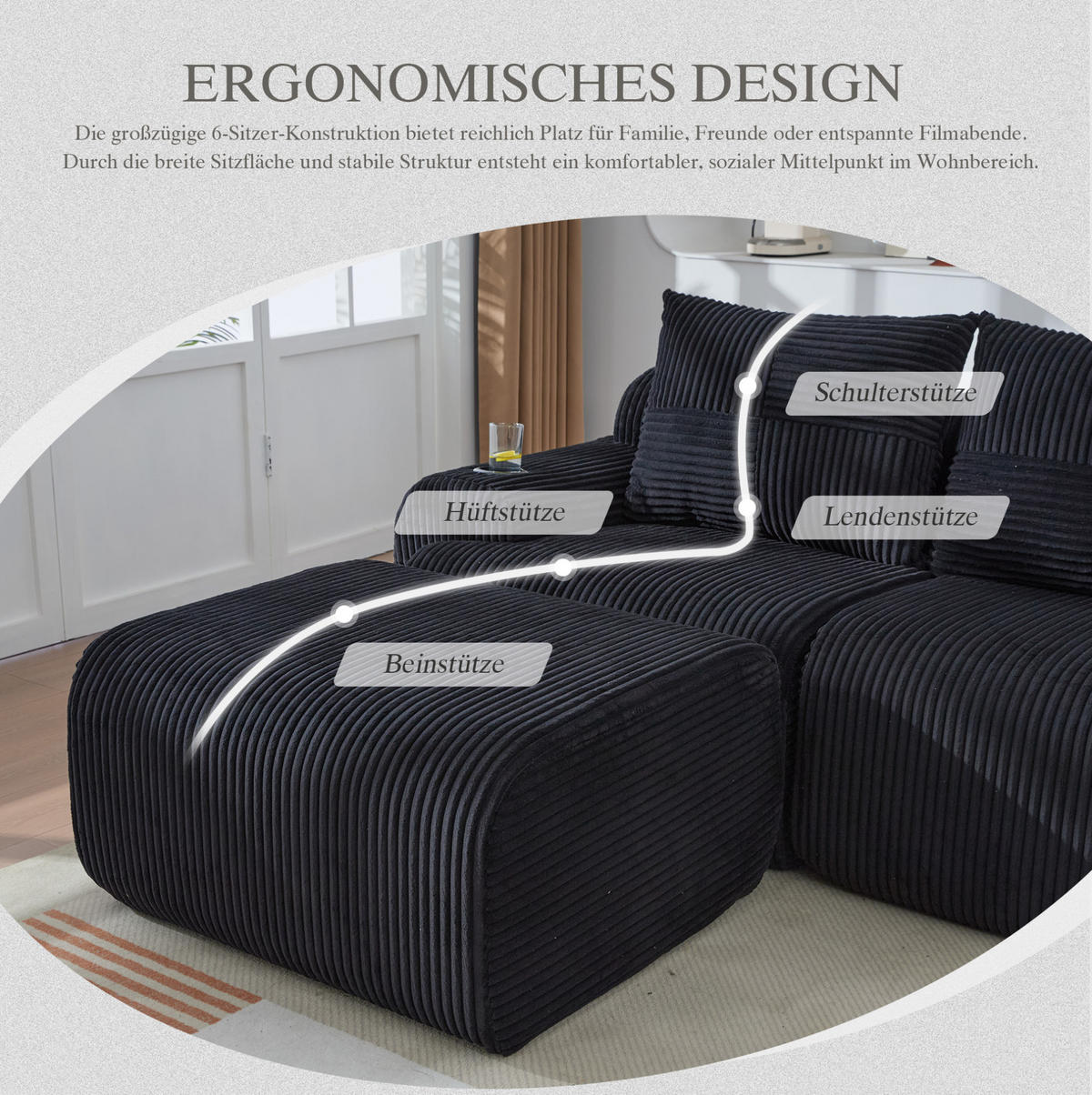 MODULARES 3-Sitzer Sofa Cordstoff mit Getränkehalter und Seitentasche 268/174/80 cm Schwarz - Schwarz, Textil (174/268cm) - Redom
