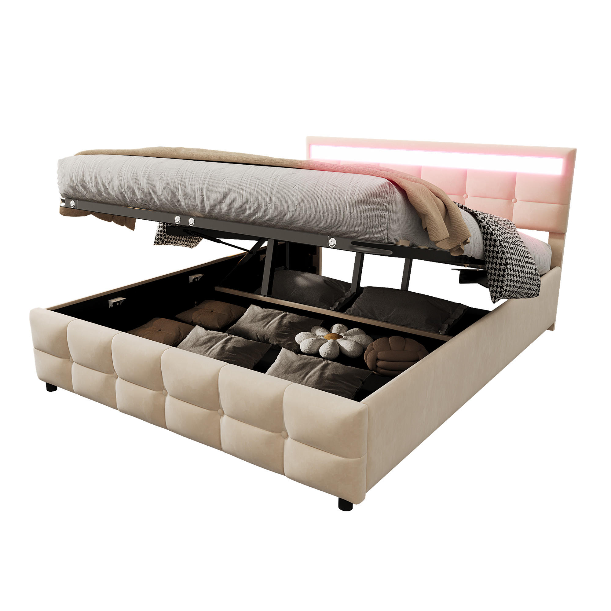 POLSTERBETT 180/200 cm in Beige mit Bettkasten und LED Samt - Beige, Holzwerkstoff/Textil (180/200cm) - STILVORA
