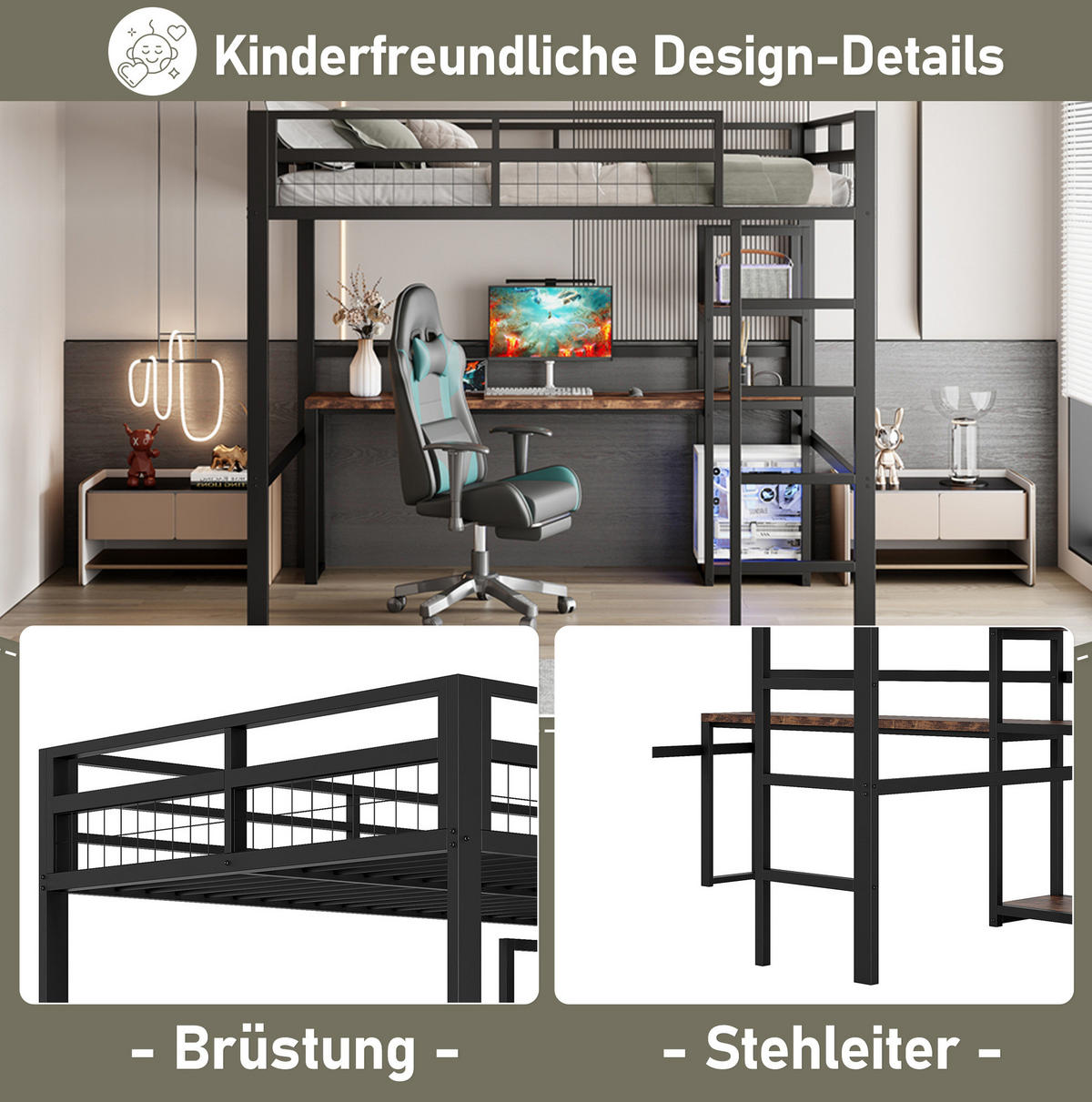HOCHBETT 140/200 cm Schwarz aus Metall mit Schreibtisch und Regalen - Schwarz, Metall (140/200cm) - OKMYHOME