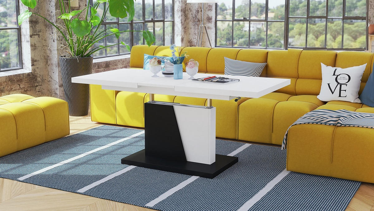 COUCHTISCH rechteckig Weiß Schwarz ausziehbar höhenverstellbar - Schwarz/Weiß, Holzwerkstoff (70/120/60cm) - designimpex