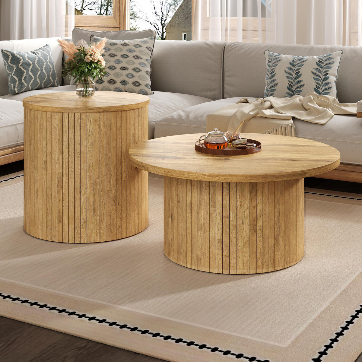 COUCHTISCH in Naturfarben Wohnzimmertisch- Set mit 2 runden Tischen, B75/T75/H36cm und B50/T50/H50.5cm - Naturfarben, Holzwerkstoff (75/75/50.5cm) - STILVORA