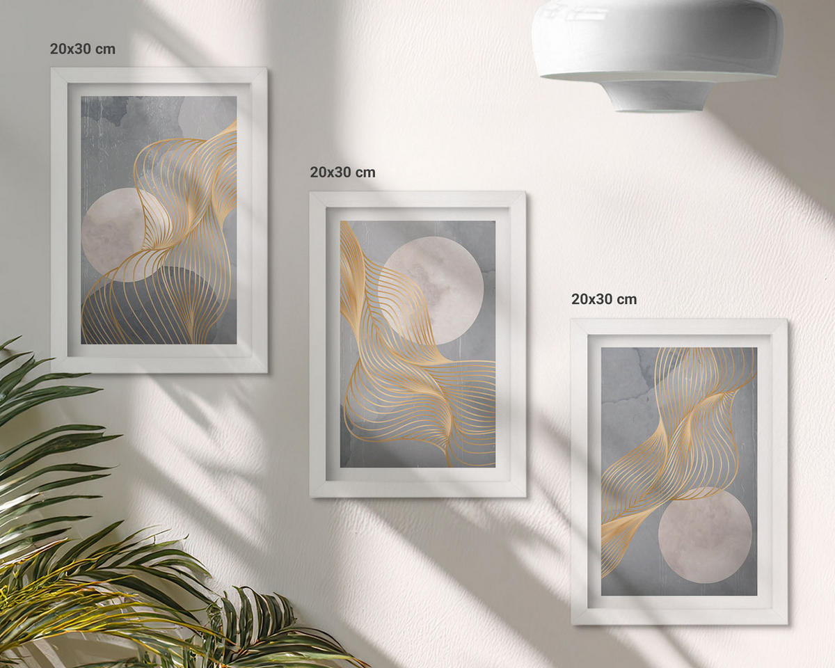 WANDBILDER 3er-Set - 20x30 cm Weißer Rahmen - Abstrakte Muster Wellen Kreise - Weiß, Kunststoff (20/30cm) - ArtPrintCave