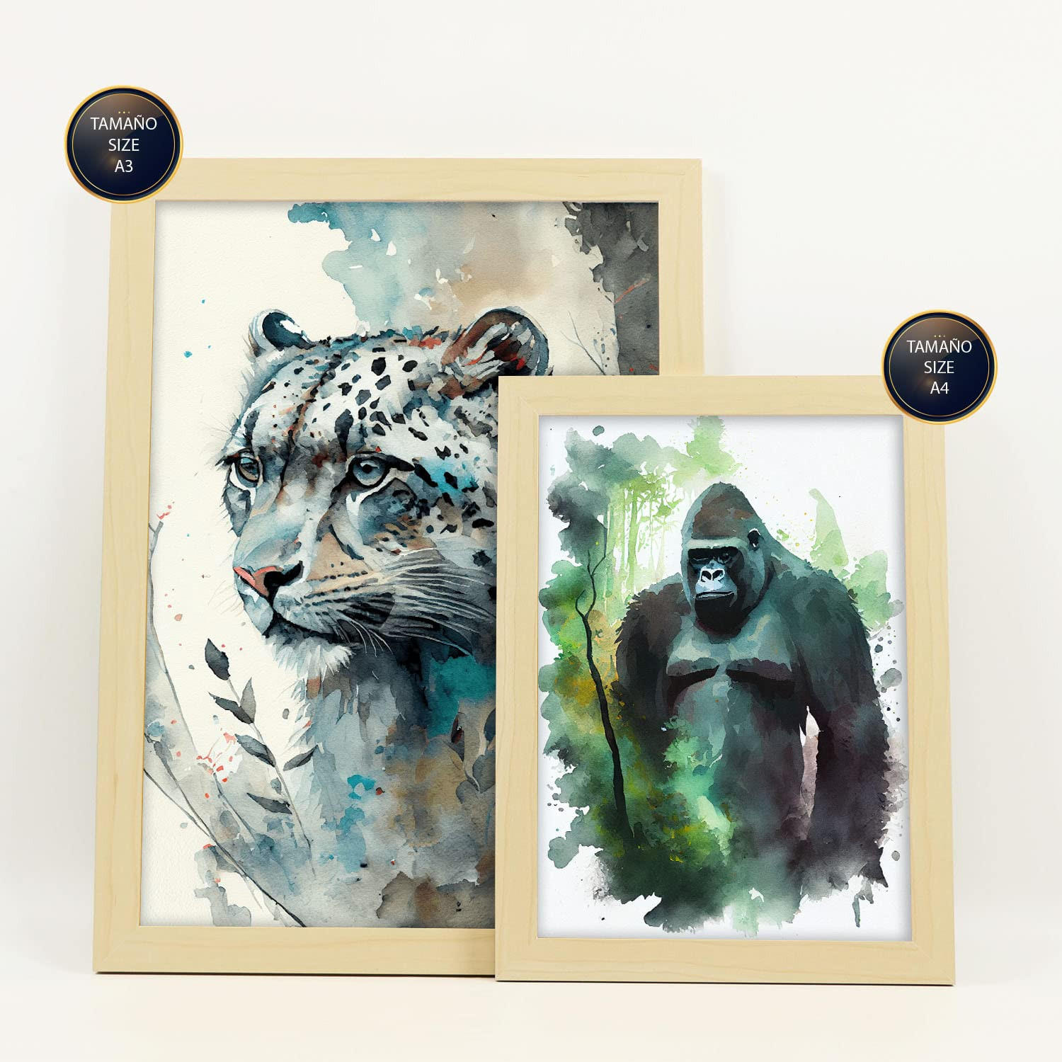 POSTER Set Mit 6 Norden Und Süden Illustrationen Von Tieren In Naturlandschaften, Realistischer Aquarellstil A3 & A4 Rahmen Aus Hellem Holz - Beige, Papier (29/3cm) - Nacnic