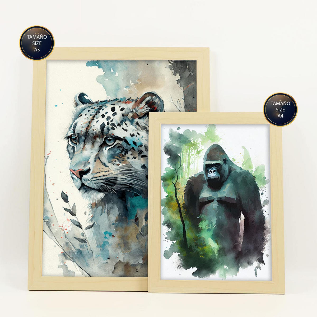 POSTER Set Mit 6 Norden Und Süden Illustrationen Von Tieren In Naturlandschaften, Realistischer Aquarellstil A3 & A4 Rahmen Aus Hellem Holz - Beige, Papier (29/3cm) - Nacnic
