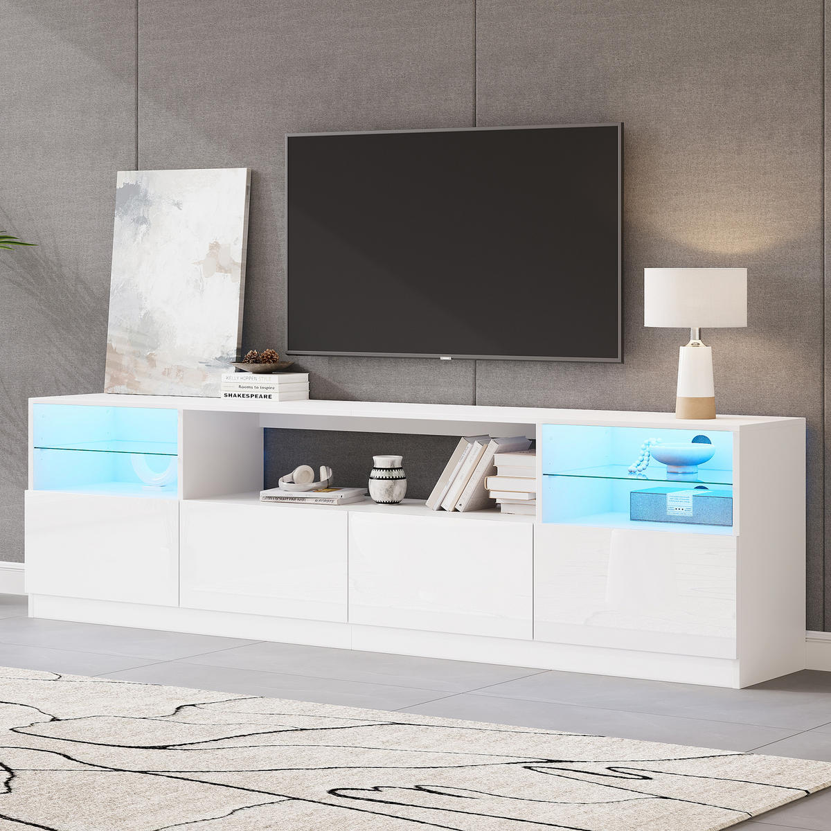 TV SKŘÍŇKA v bílé barvě s LED osvětlením do obýváku, Š180/H35/V60 cm - bílá, kompozitní dřevo/sklo (180/60/35cm) - STILVORA