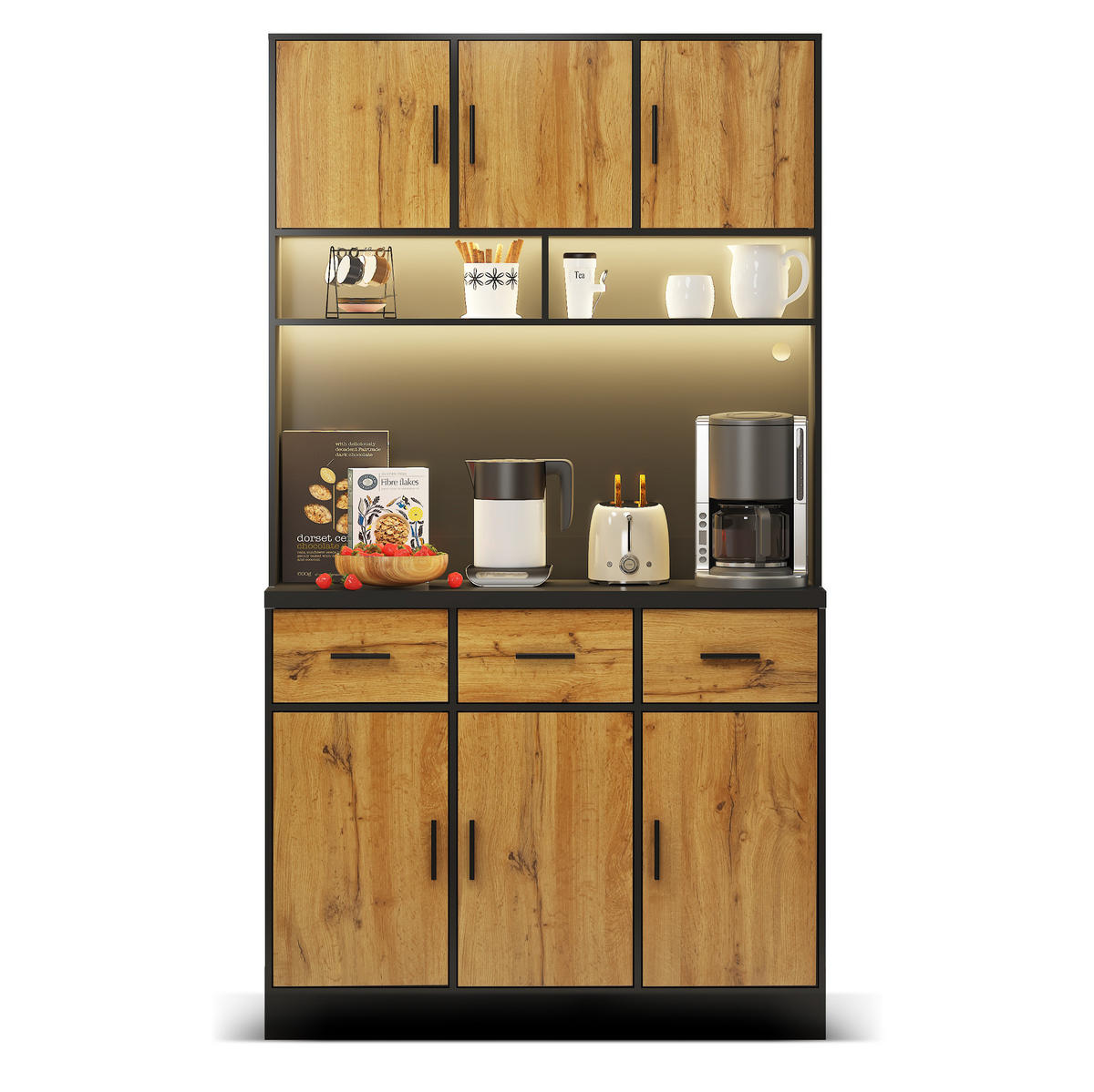 BUFFET 100/40/180 cm in Schwarz/Natur mit LED-Beleuchtung und Steckdosenleiste - Schwarz, Holzwerkstoff (100/180/40cm) - Flora Grace