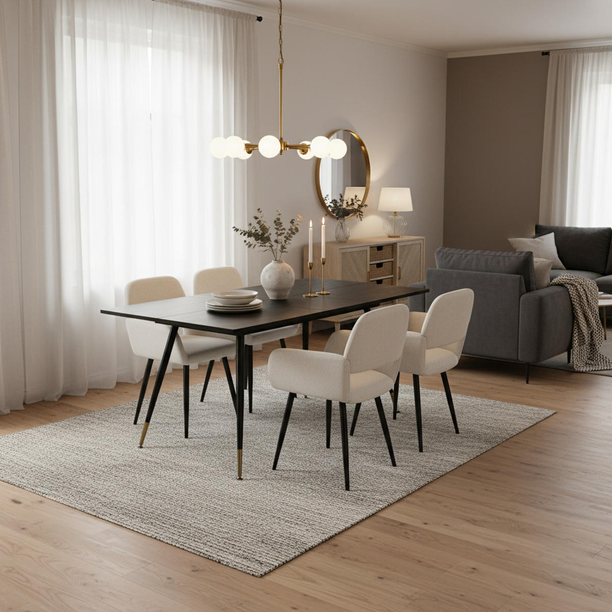 ESSZIMMER SET mit ausziehbarem Tisch und 4 bequemen Stühlen - Beige/Schwarz, Holzwerkstoff/Metall (80/75/160cm) - Urban Meuble