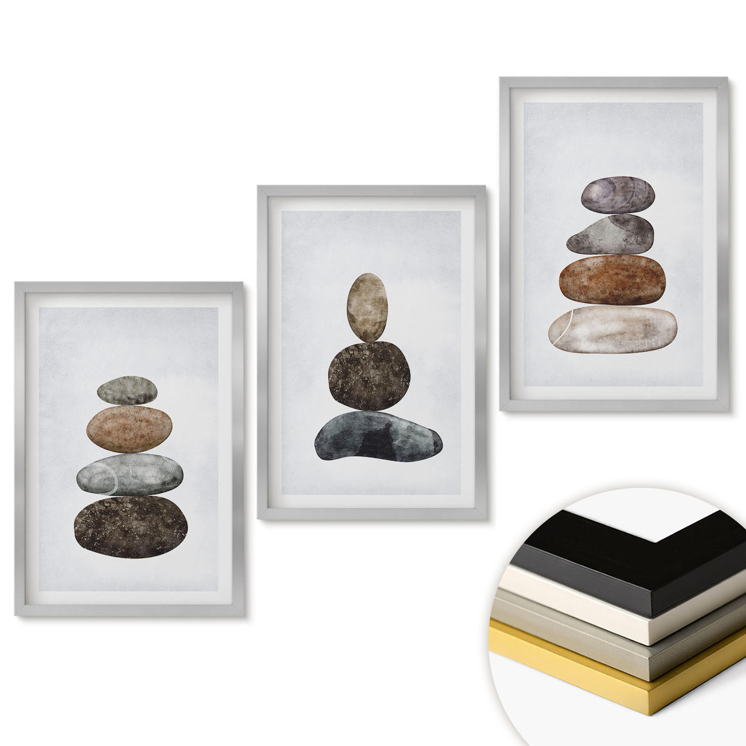 WANDBILDER 3er Set - 40x60 cm Silberner Rahmen - Minimalistische Boho-Steine - Silberfarben, Kunststoff (40/60cm) - ArtPrintCave