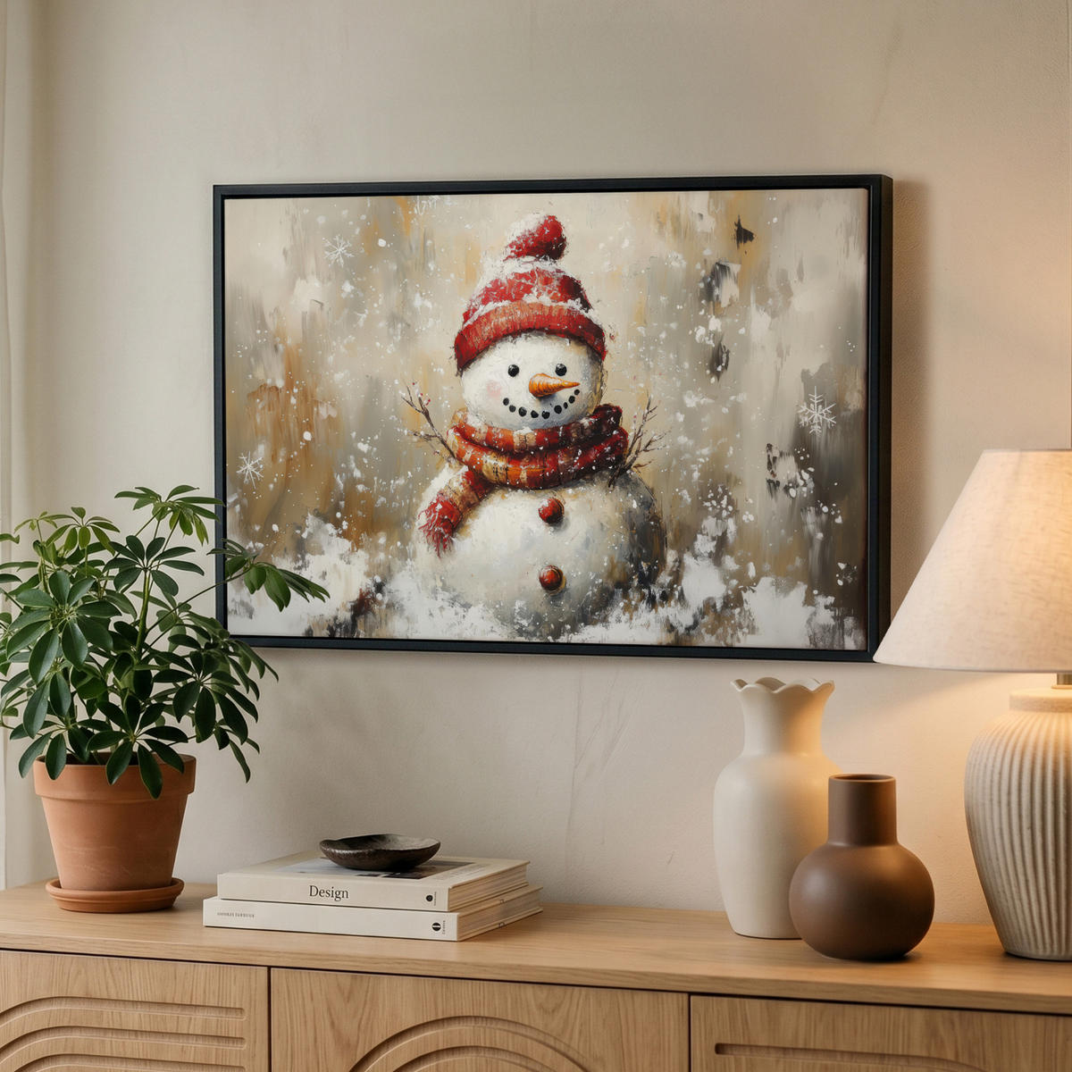 LEINWAND Bilder mit Rahmen - Schneemann - Winter - Schnee - Beige - 60x40 - Weiß, Textil (60/40cm) - MuchoWow