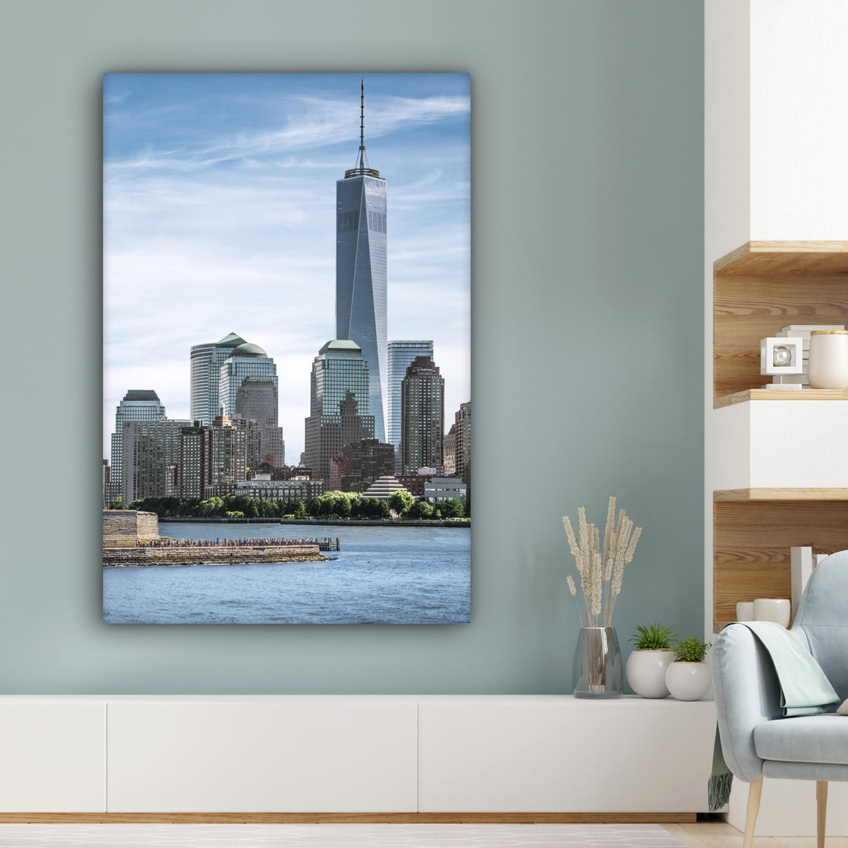 LEINWANDBILD New York - Freiheitsstatue - Wasser Deko Groß 90x140 cm - Hellblau, Textil (90/140cm) - MuchoWow