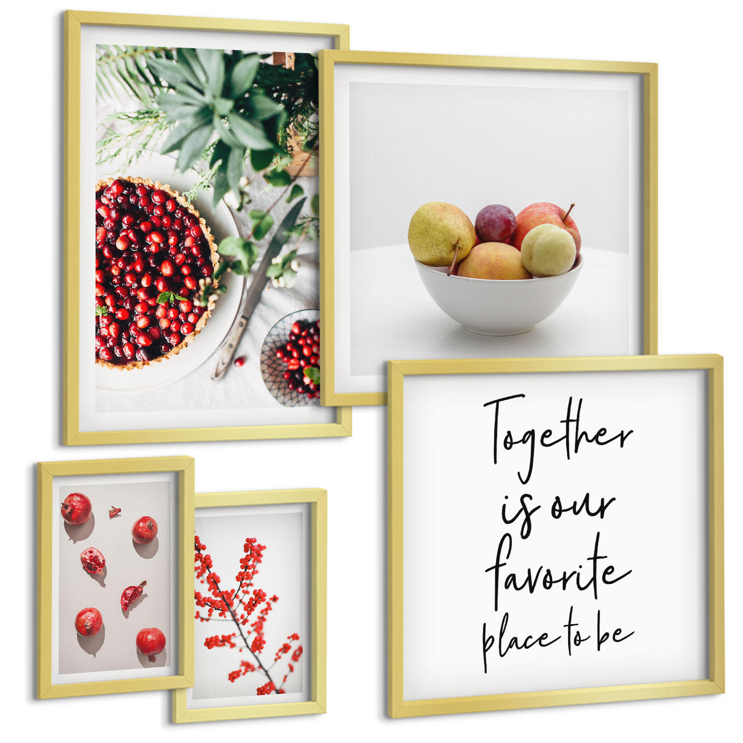 BILDER SET 5er Set - 50x50 cm & 20x30 cm & 40x60 cm Goldrahmen - Minimalismus der roten Früchte von Pflanzen - Goldfarben, Kunststoff (40/60cm) - TULUP