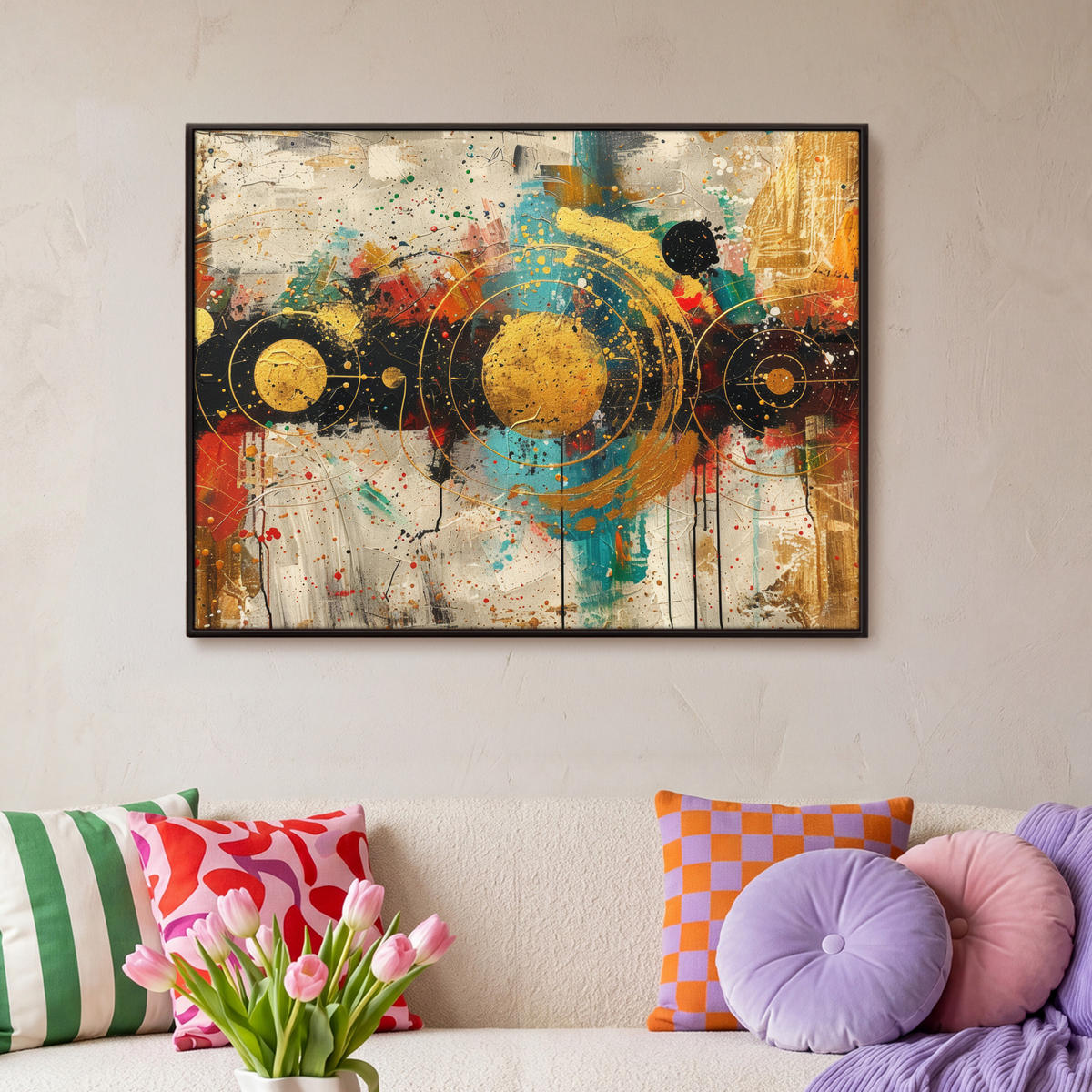 LEINWAND Bilder mit Rahmen - Abstrakt - Kunst - Gold - Modern - 100x70 - Multicolor, Textil (100/70cm) - MuchoWow