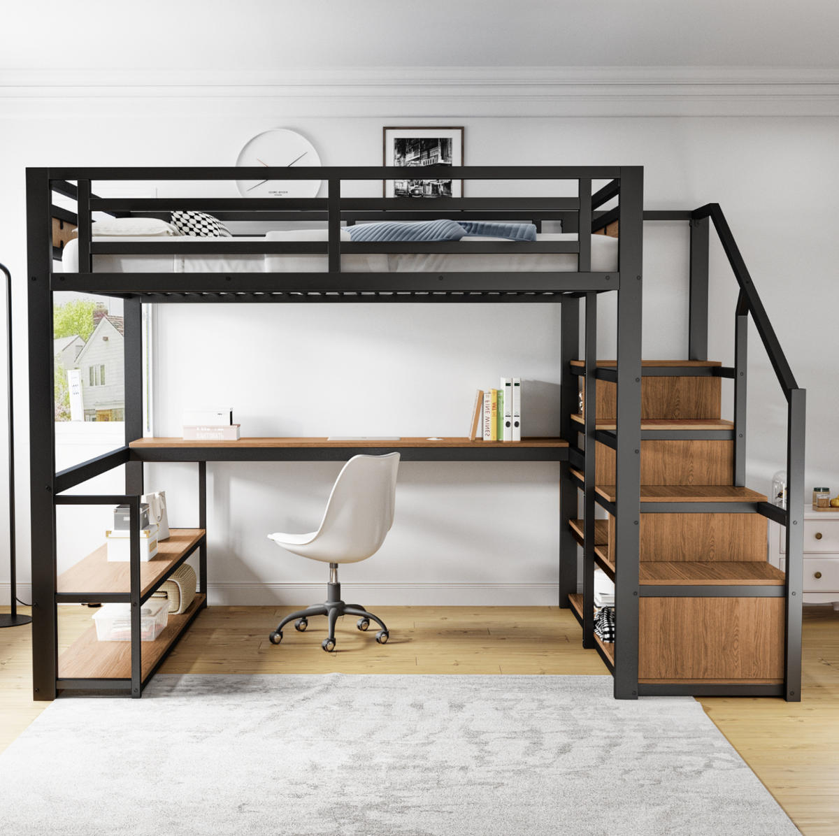 HOCHBETT 140/200 cm aus Metall und MDF mit Leiterregal und Schreibtisch Schwarz - Schwarz, Metall (140/200cm) - Modenvie