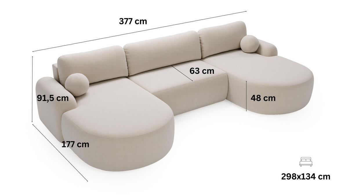 WOHNLANDSCHAFT DION-U Boucle ECRU mit Schlaffunktion - Ecru, Textil (377/92/177cm) - Luxkor24
