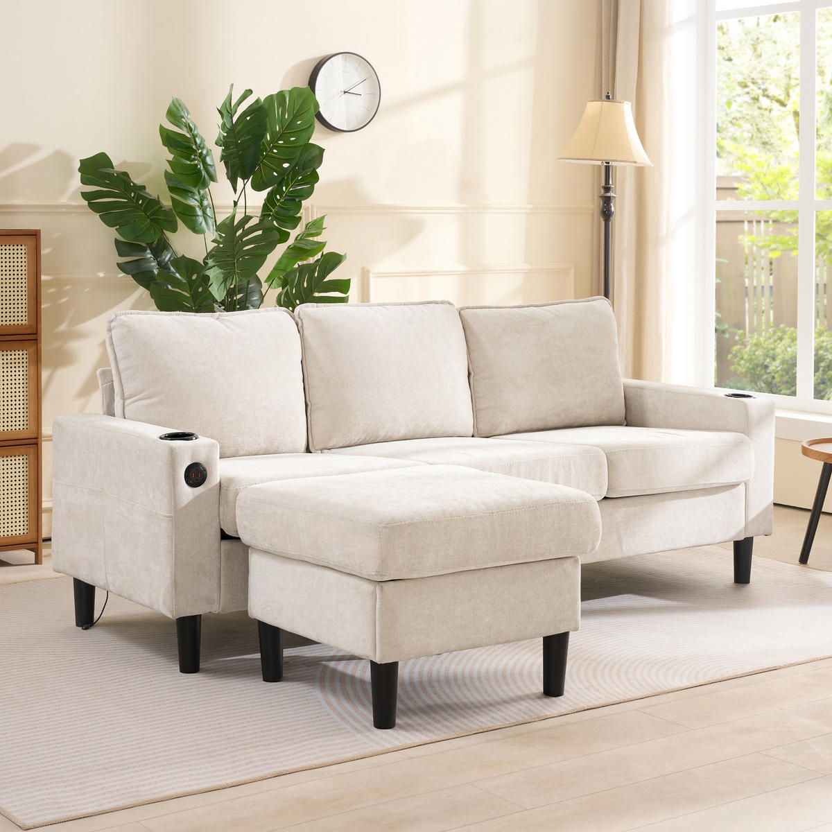 ECKSOFA 202/137/80 cm Beige mit USB-, Typ-C-Anschlüssen, 2 Getränkehaltern und 1 Fußhocker - Beige, Textil (202/137cm) - Oxeza