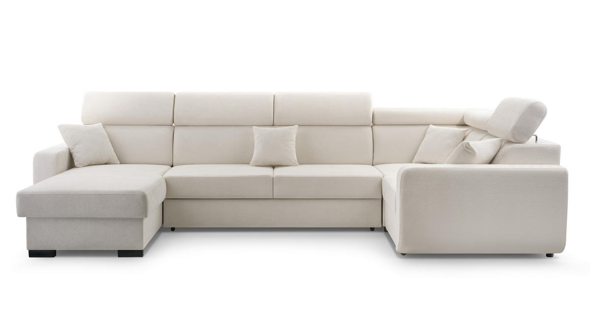 WOHNLANDSCHAFT CASTELLO Beige Plüsch-Stoff mit Schlaffunktion - Beige, Holz (337/97/184cm) - MASSENO