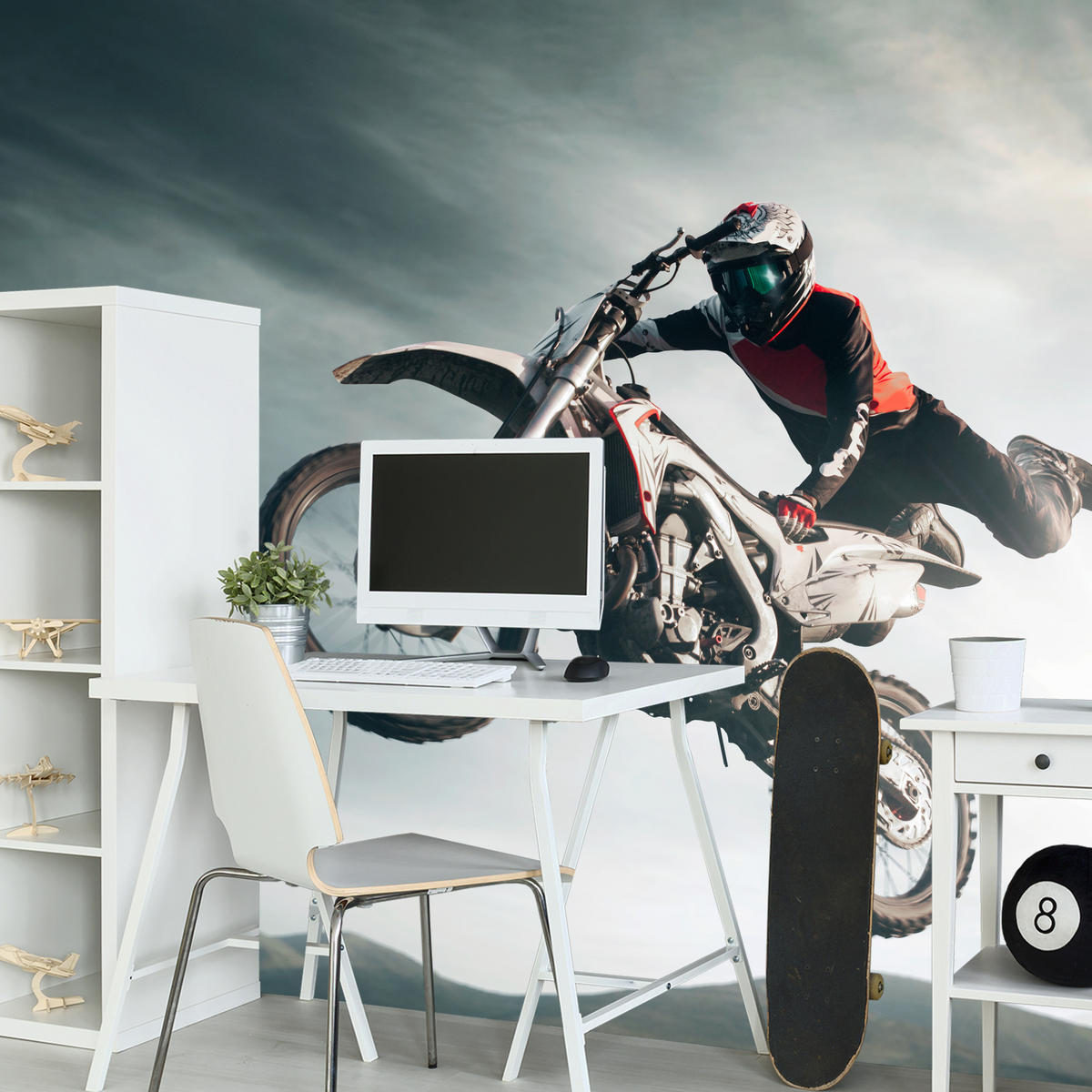 FOTOTAPETE für Jugendzimmer Motocross Sprung Mann Sport Berge Action 100x70 - Grau, Papier (100/70cm) - Muralo