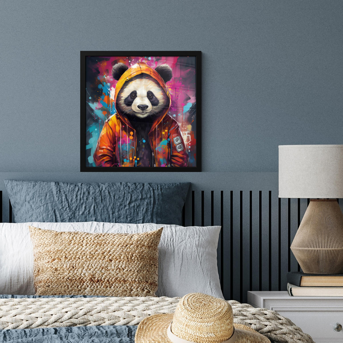 POSTER MIT RAHMEN Panda - Jacke - Graffiti - Orange 40x40 cm - Orange, Papier (40/40cm) - MuchoWow