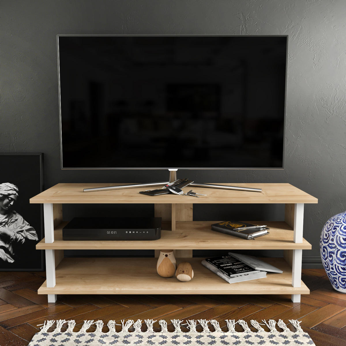 TV Board Pueblo Eiche Weiß - Eichefarben/Weiß, Holzwerkstoff (120/47/45cm) - Decorotika
